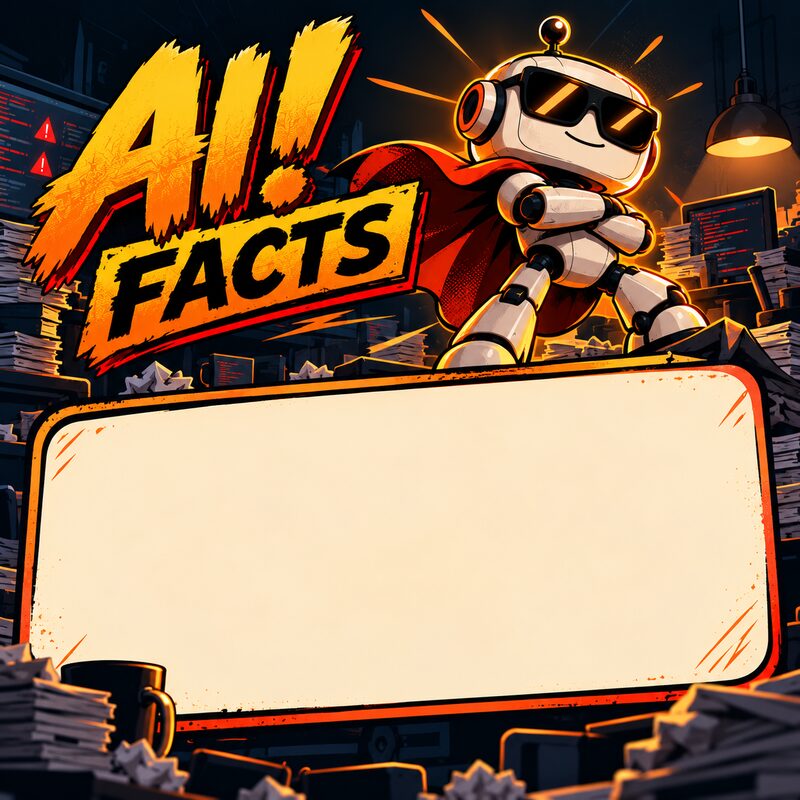 AI! FACTS : un robot à lunettes de soleil et cape de super-héros, bras croisés, au-dessus d'un grand cadre